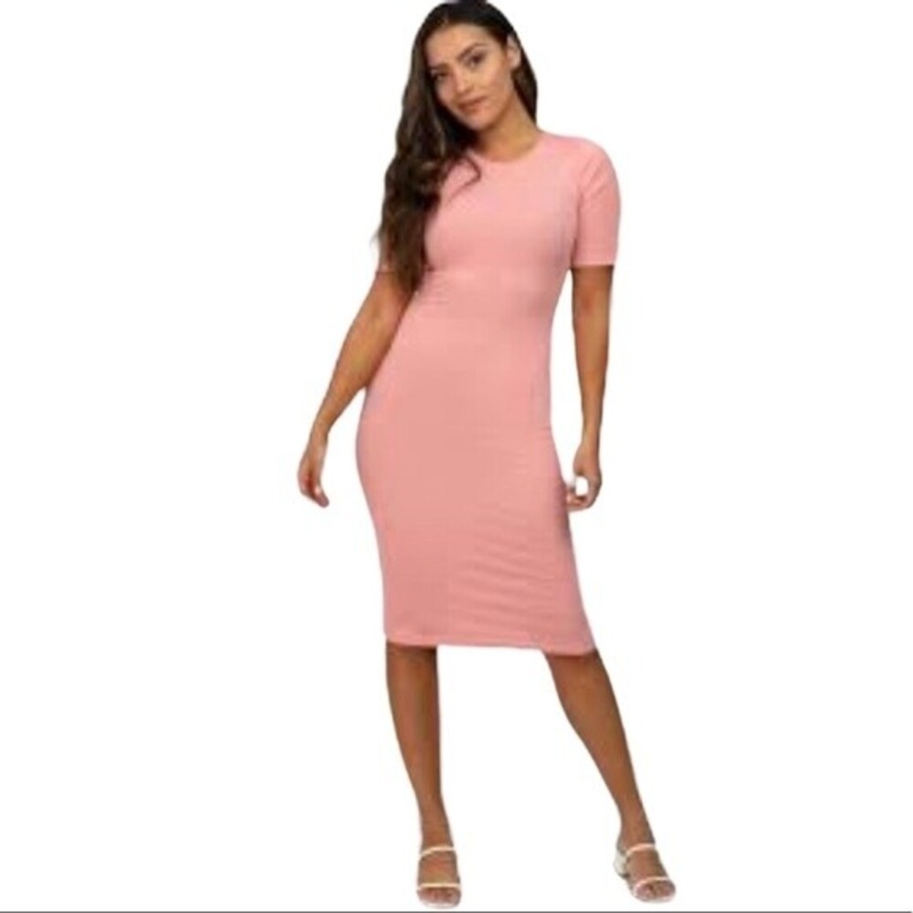 Love J Women Short Sleeve Round Neck Pink Ribbed Knit Bodycon Dress Size Medium